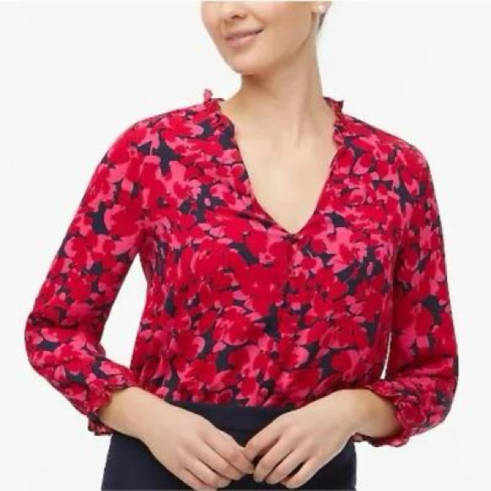 J. Crew Floral Magenta Pink Ruffle Long Sleeve Blouse in Size M. NWT #138